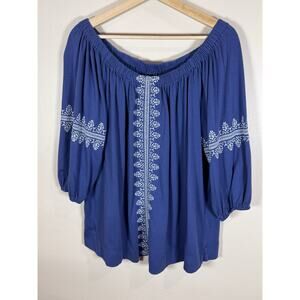Chaps Womens Plus Size Peasant Top Bohemian Coastal 1X Embroidered Cotton Modal